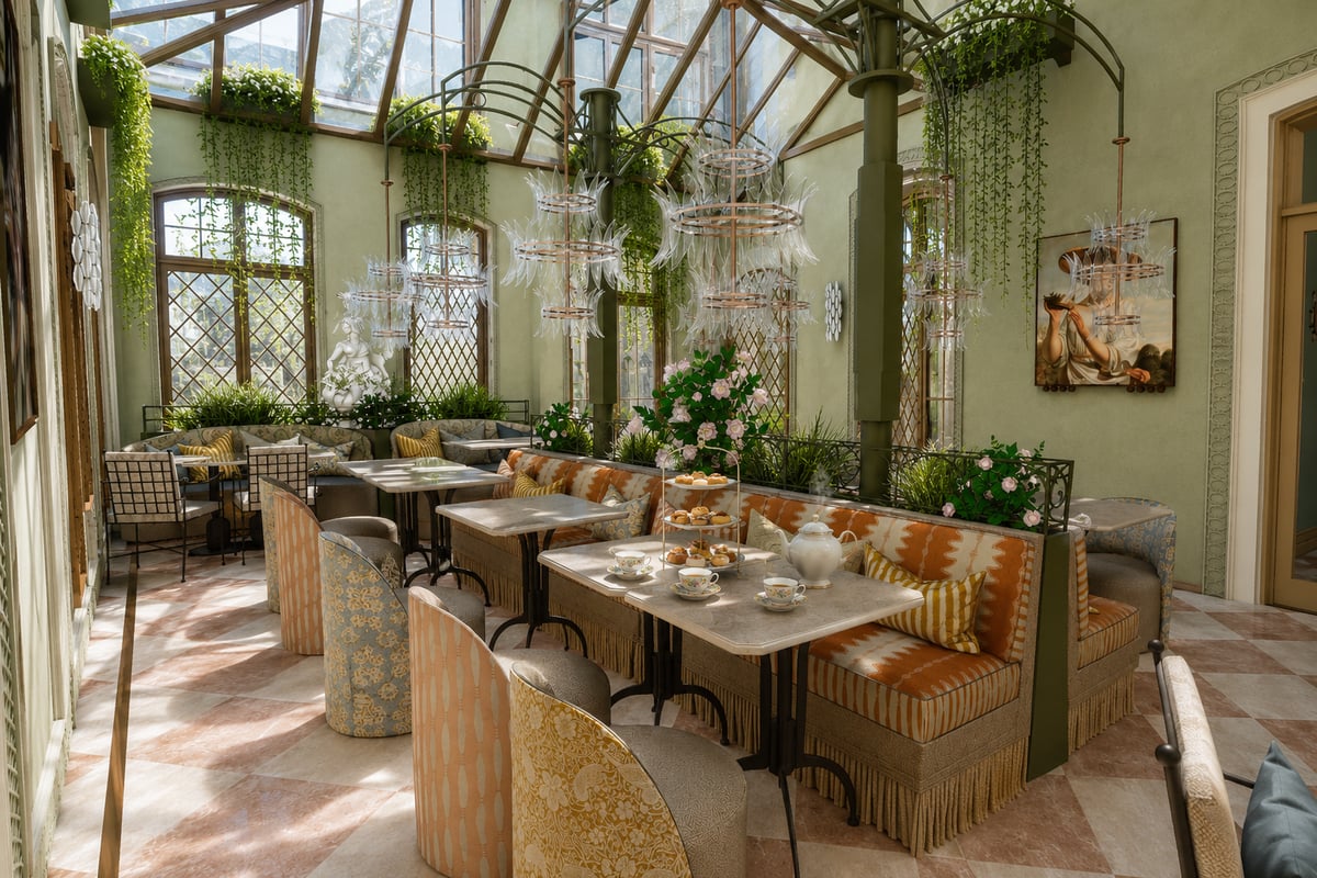 Afternoon tea in the Winter Garden: a tiered cake stand and teapot on marble tables beneath hanging greenery.