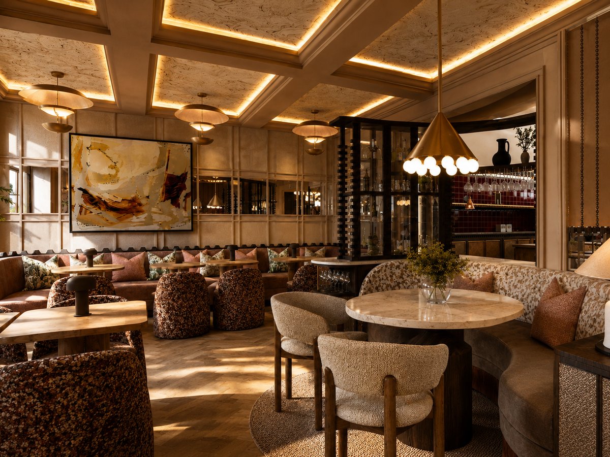 The Bistrot at Villa Nord: a warm dining room with round tables, bouclé chairs, banquettes and a large abstract painting.