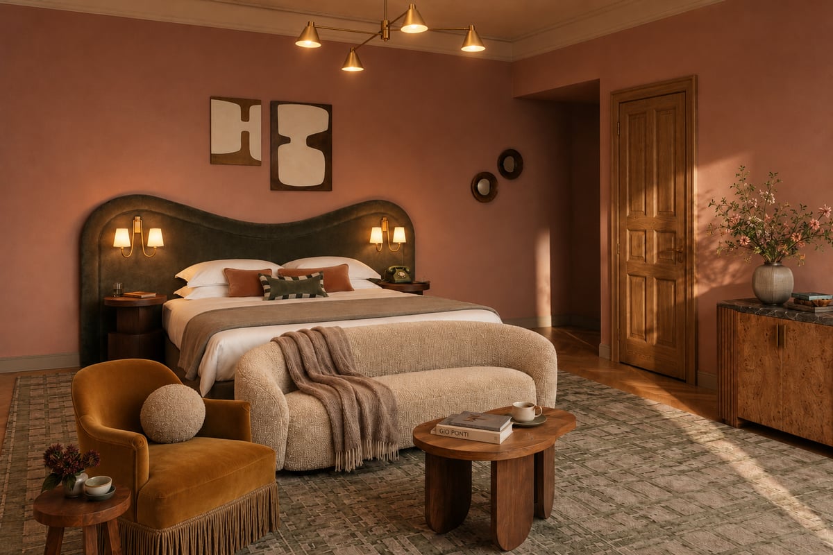 A Villa Nord junior suite with terracotta walls, an upholstered headboard, a curved sofa and warm lamplight.